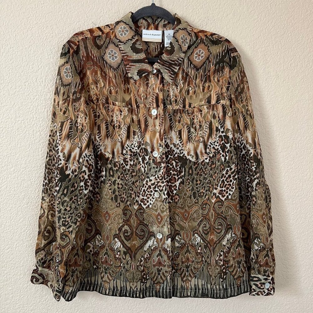 Linen Blend Sheer Brown Safari Cheetah Print Office Career Button down Women 18W